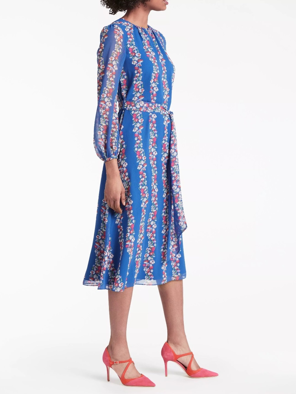 Boden Blue Floral Long-Sleeve Belted Midi Dress - Picture 2 of 13